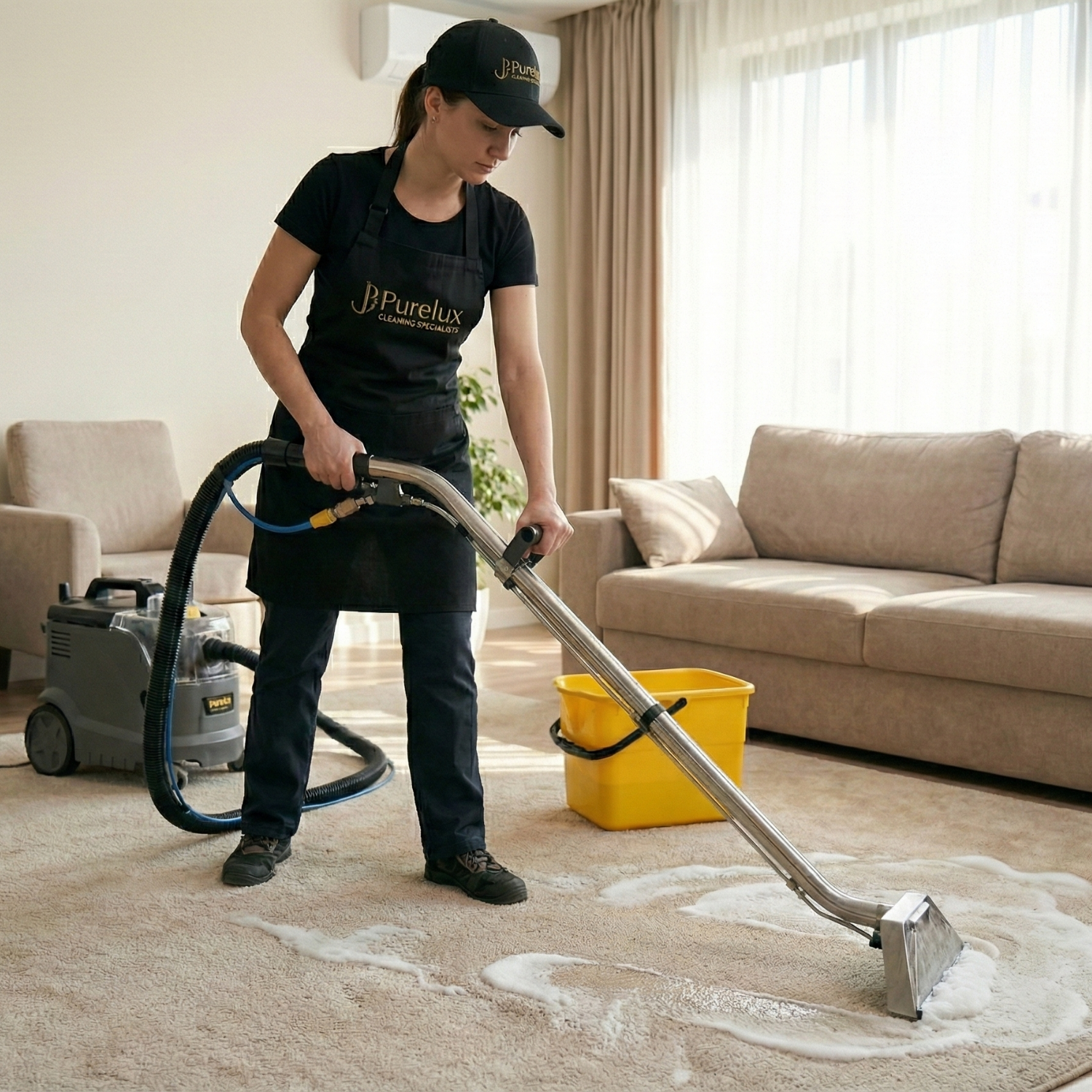 PureLux specialist hot-water extraction cleaning a living room carpet