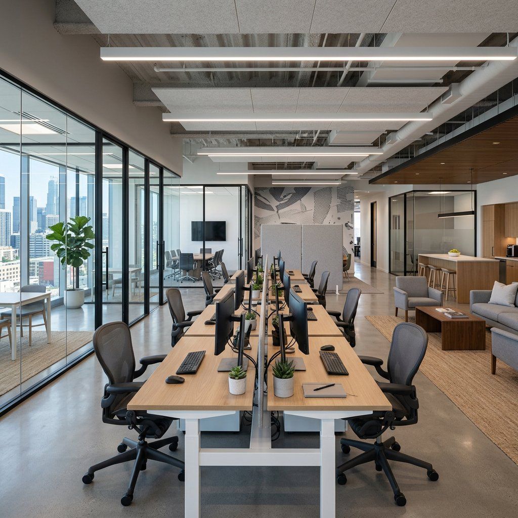 Spotlessly clean modern open-plan office with city views