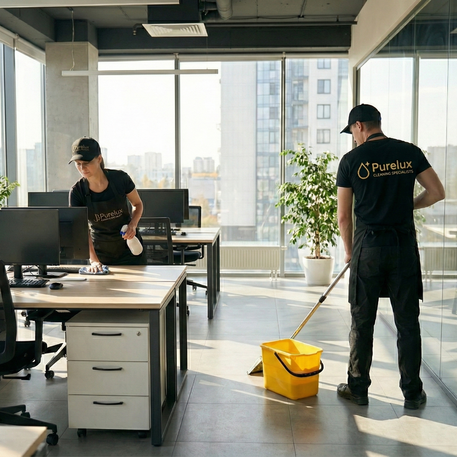 PureLux team cleaning a modern Sydney office workspace