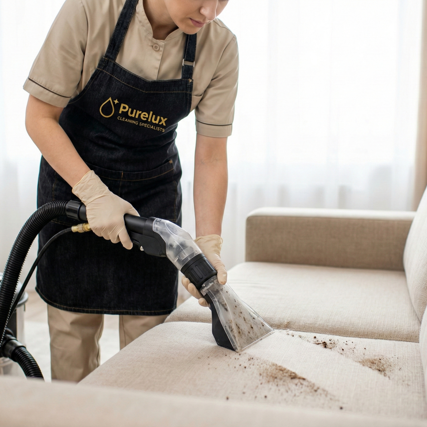 PureLux specialist deep-cleaning a fabric sofa with an extraction tool
